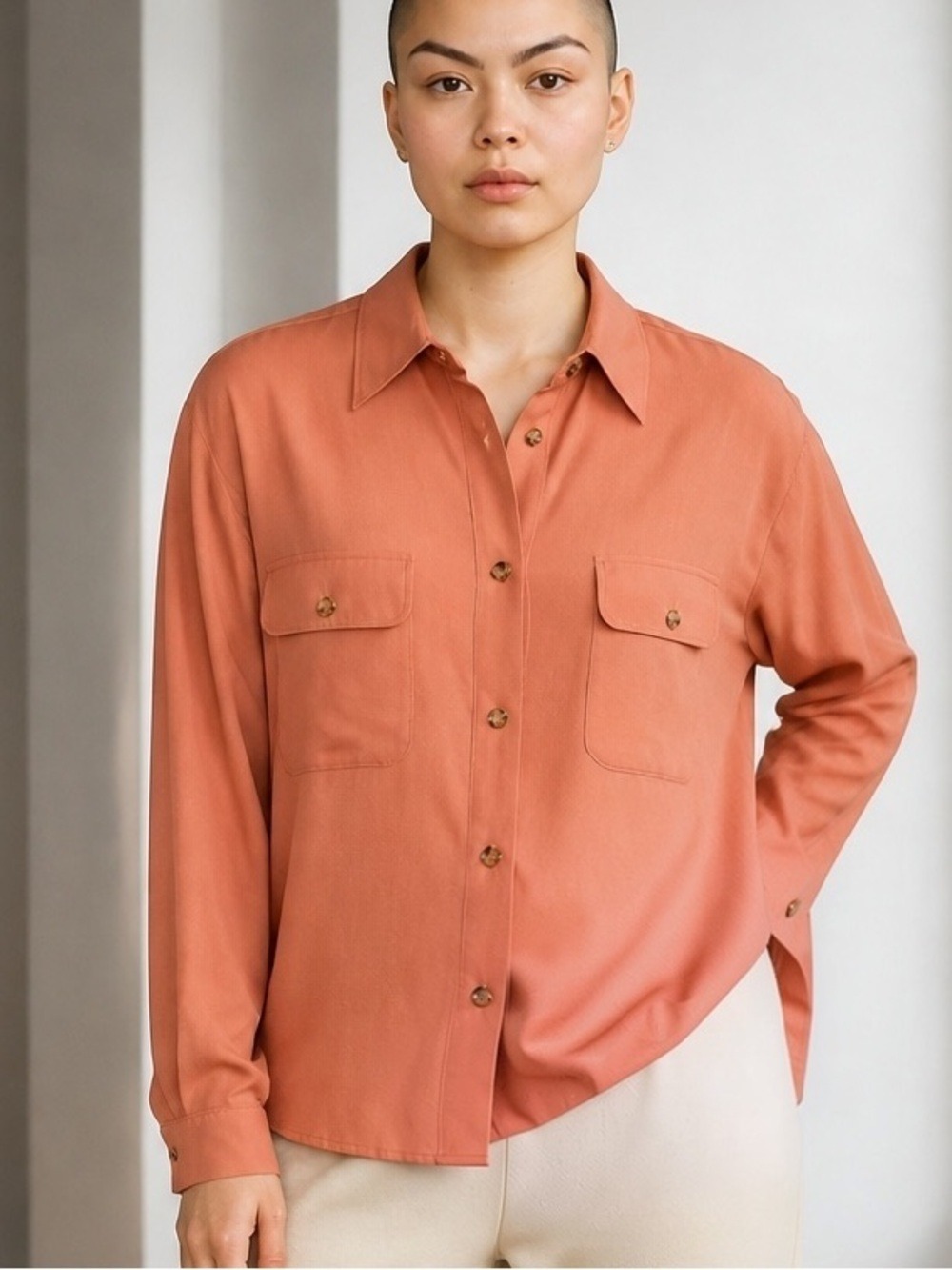 90s SAFARI STYLE BLOUSE LONG SLEEVE CLASSIC & CASUAL BUTTON DOWN PEACH 14